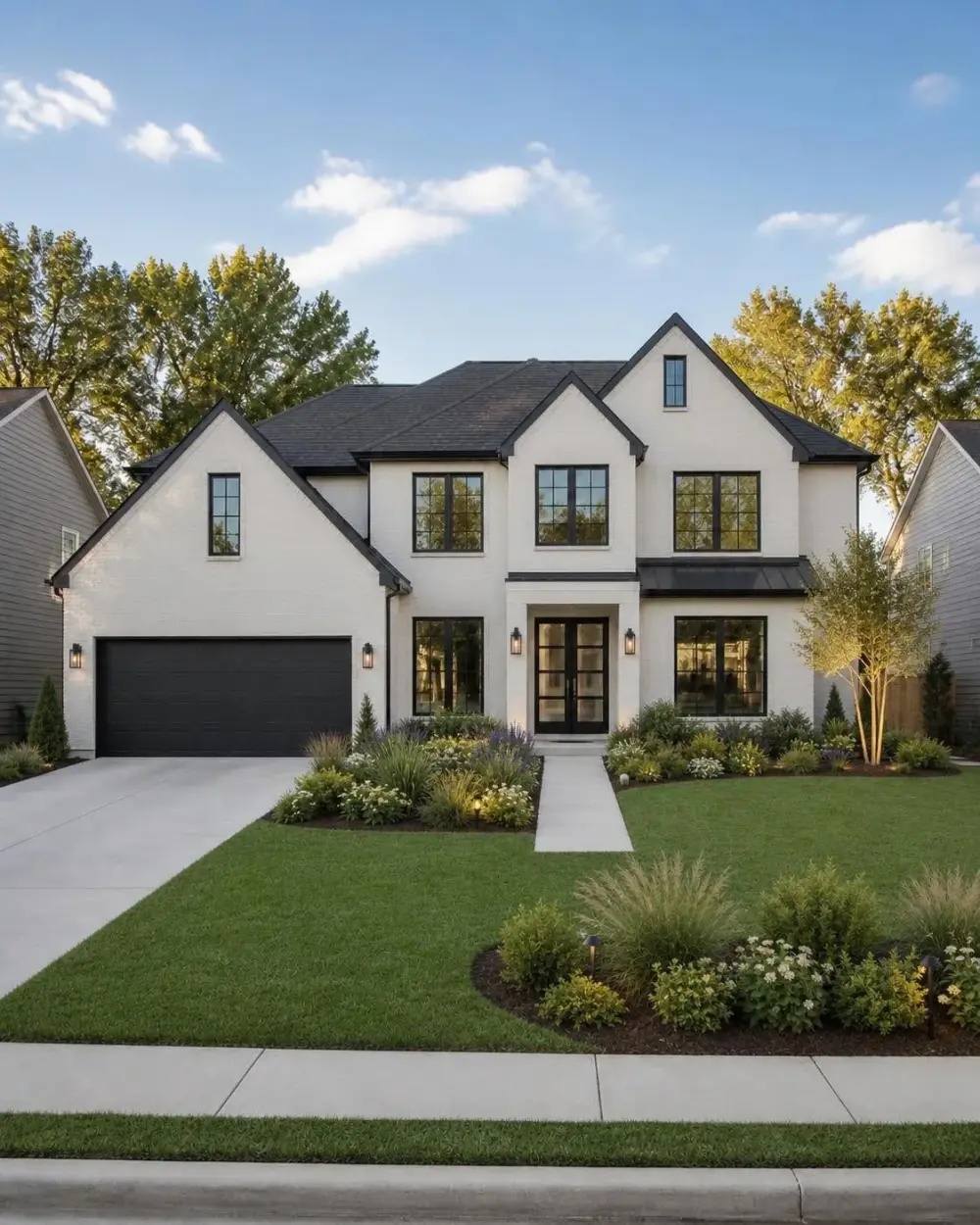Suburban home with a layered front-yard landscape design generated with The Real Set production API
