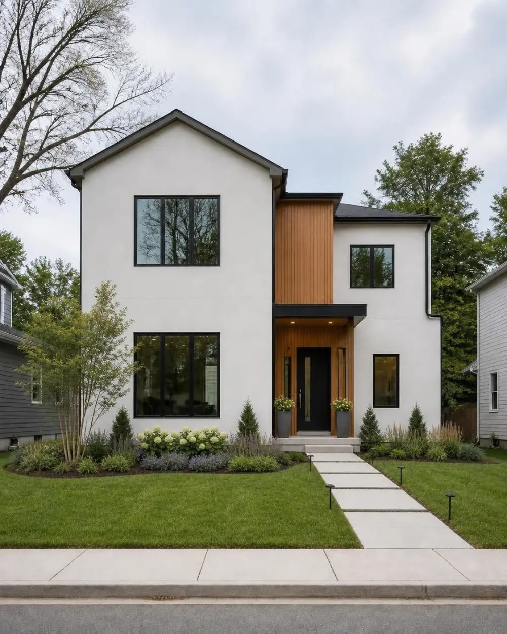 Modern home with a restrained front-yard landscape design generated with The Real Set production API